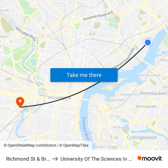 Richmond St & Bridge St to University Of The Sciences In Philadelphia map