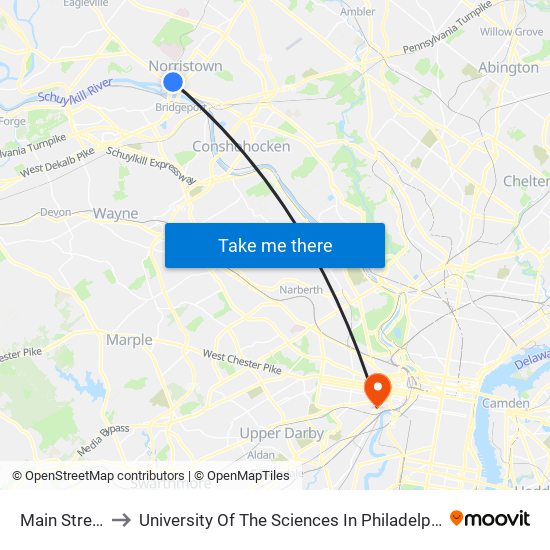 Main Street to University Of The Sciences In Philadelphia map