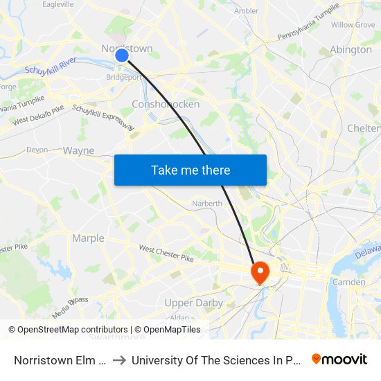 Norristown Elm Street to University Of The Sciences In Philadelphia map