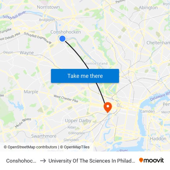 Conshohocken to University Of The Sciences In Philadelphia map