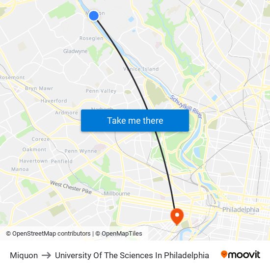 Miquon to University Of The Sciences In Philadelphia map