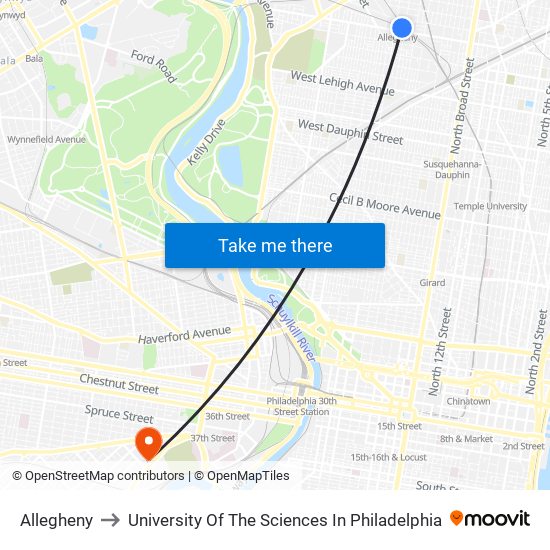 Allegheny to University Of The Sciences In Philadelphia map