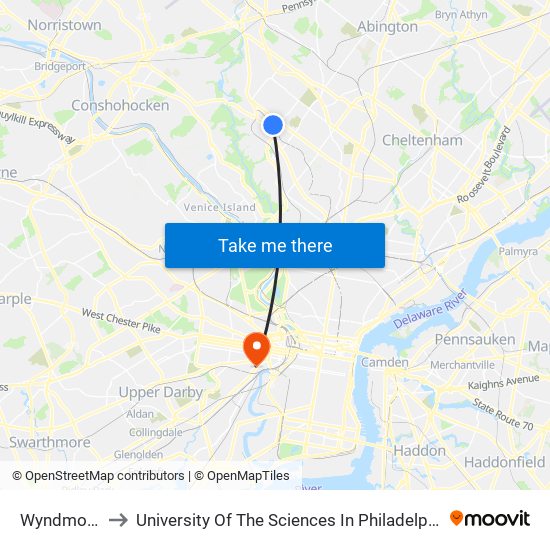 Wyndmoor to University Of The Sciences In Philadelphia map