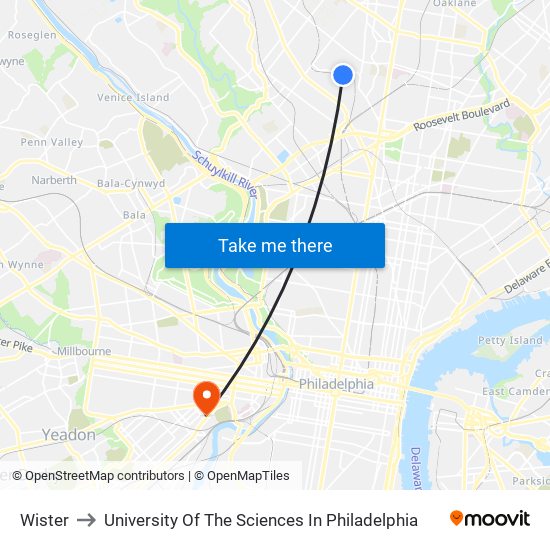 Wister to University Of The Sciences In Philadelphia map