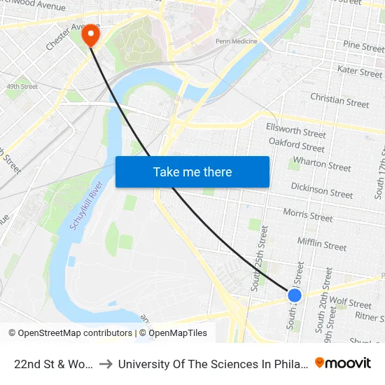 22nd St & Wolf St to University Of The Sciences In Philadelphia map