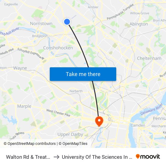 Walton Rd & Treaty Rd - FS to University Of The Sciences In Philadelphia map