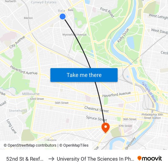 52nd St & Rexford Rd to University Of The Sciences In Philadelphia map