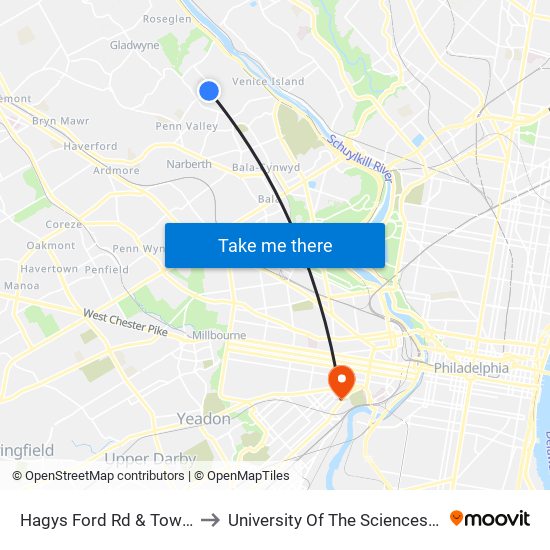 Hagys Ford Rd & Tower Ln - Mbns to University Of The Sciences In Philadelphia map
