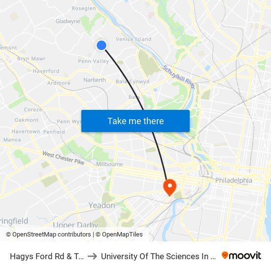 Hagys Ford Rd & Tower Ln to University Of The Sciences In Philadelphia map