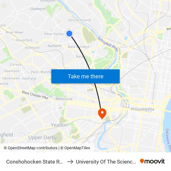 Conshohocken State Rd & Manayunk Rd to University Of The Sciences In Philadelphia map