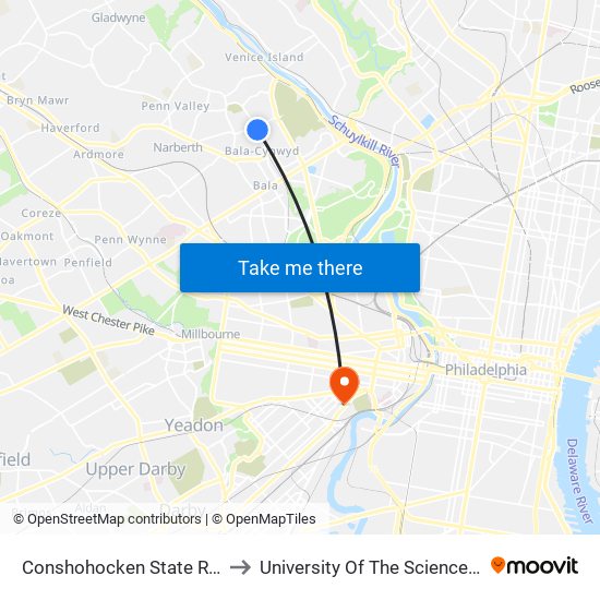 Conshohocken State Rd & Derwen Rd to University Of The Sciences In Philadelphia map