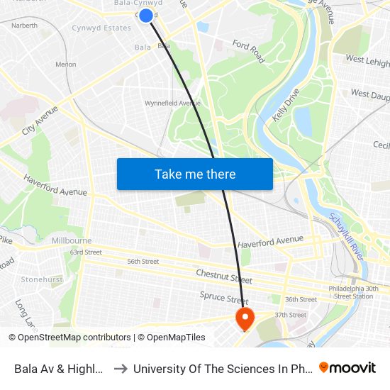 Bala Av & Highland Av to University Of The Sciences In Philadelphia map