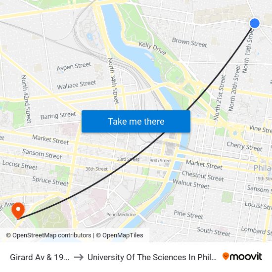 Girard Av & 19th St to University Of The Sciences In Philadelphia map