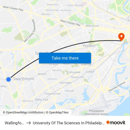 Wallingford to University Of The Sciences In Philadelphia map