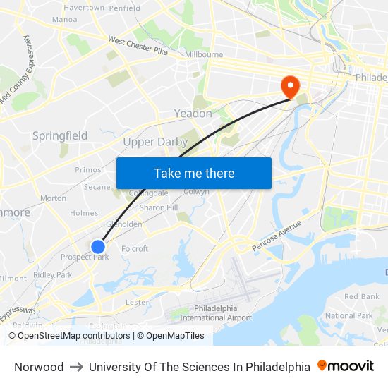 Norwood to University Of The Sciences In Philadelphia map