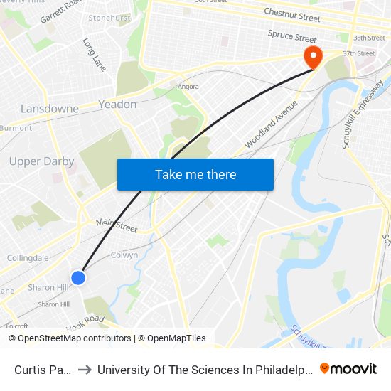 Curtis Park to University Of The Sciences In Philadelphia map