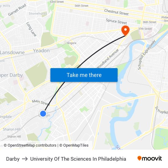 Darby to University Of The Sciences In Philadelphia map