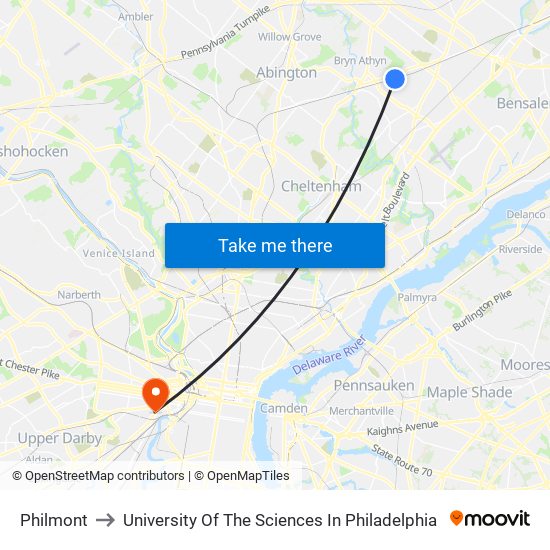 Philmont to University Of The Sciences In Philadelphia map