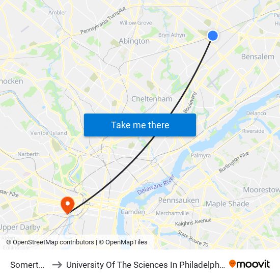 Somerton to University Of The Sciences In Philadelphia map