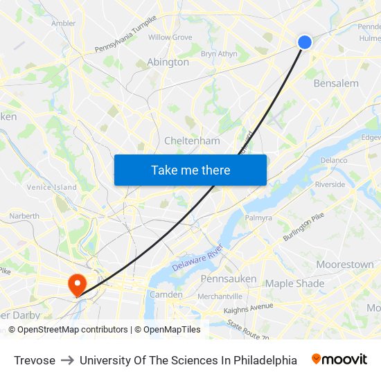 Trevose to University Of The Sciences In Philadelphia map