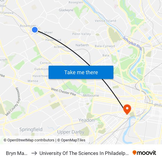 Bryn Mawr to University Of The Sciences In Philadelphia map