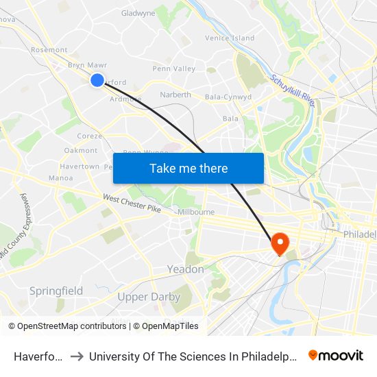 Haverford to University Of The Sciences In Philadelphia map