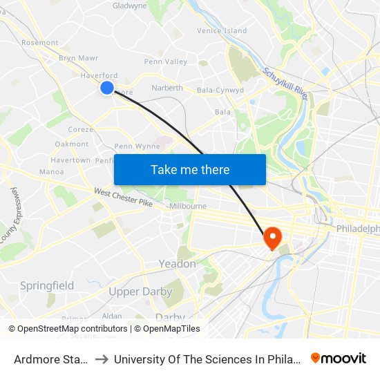 Ardmore Station to University Of The Sciences In Philadelphia map