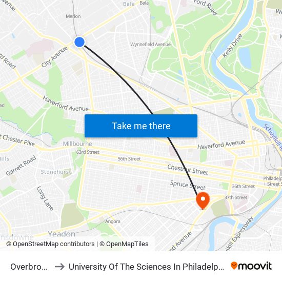 Overbrook to University Of The Sciences In Philadelphia map