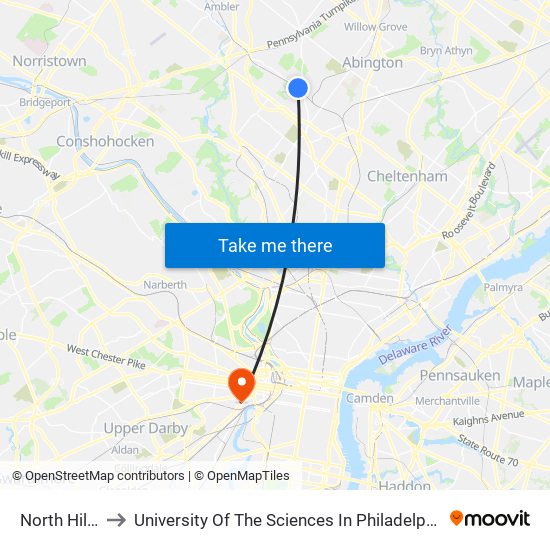 North Hills to University Of The Sciences In Philadelphia map