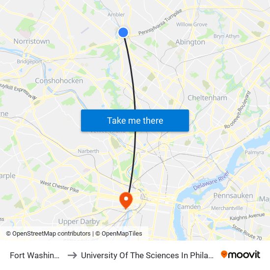 Fort Washington to University Of The Sciences In Philadelphia map