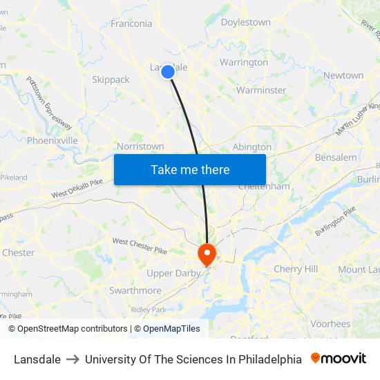 Lansdale to University Of The Sciences In Philadelphia map