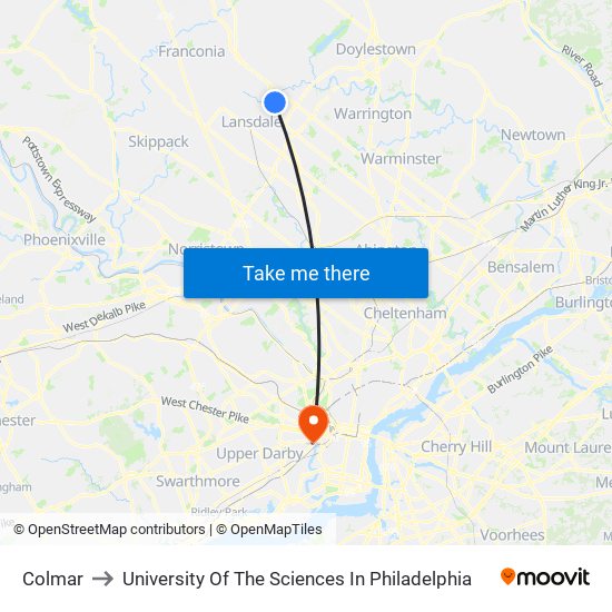 Colmar to University Of The Sciences In Philadelphia map