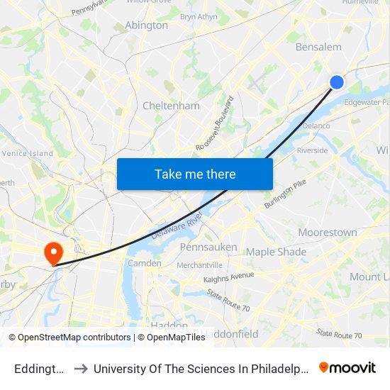 Eddington to University Of The Sciences In Philadelphia map