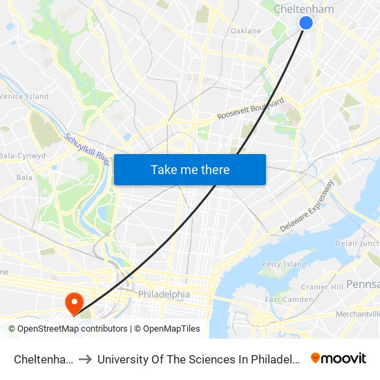 Cheltenham to University Of The Sciences In Philadelphia map