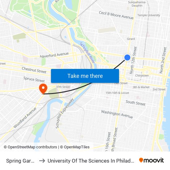 Spring Garden to University Of The Sciences In Philadelphia map