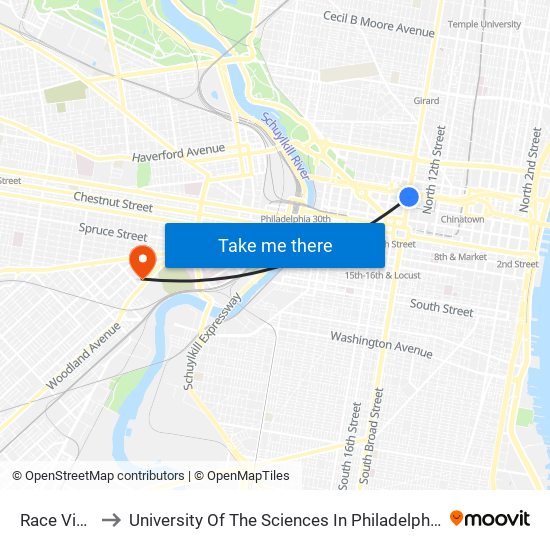 Race Vine to University Of The Sciences In Philadelphia map