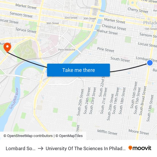 Lombard South to University Of The Sciences In Philadelphia map