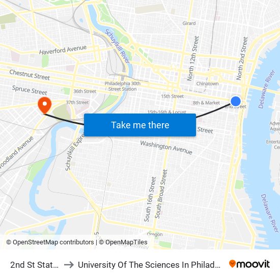 2nd St Station to University Of The Sciences In Philadelphia map