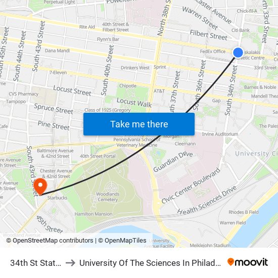 34th St Station to University Of The Sciences In Philadelphia map