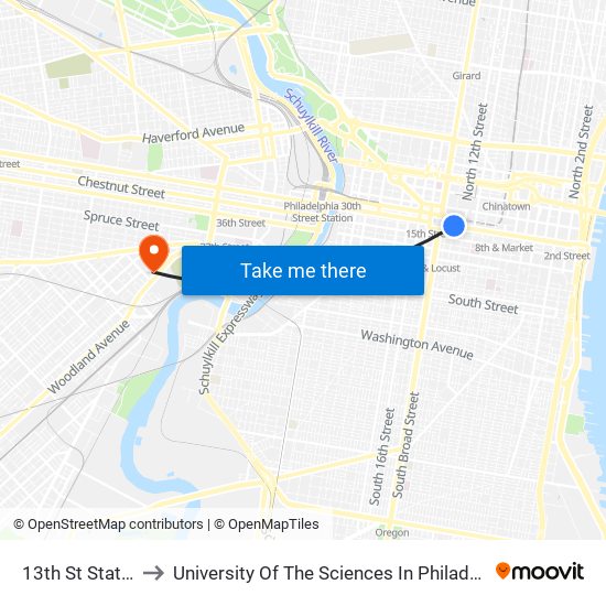 13th St Station to University Of The Sciences In Philadelphia map