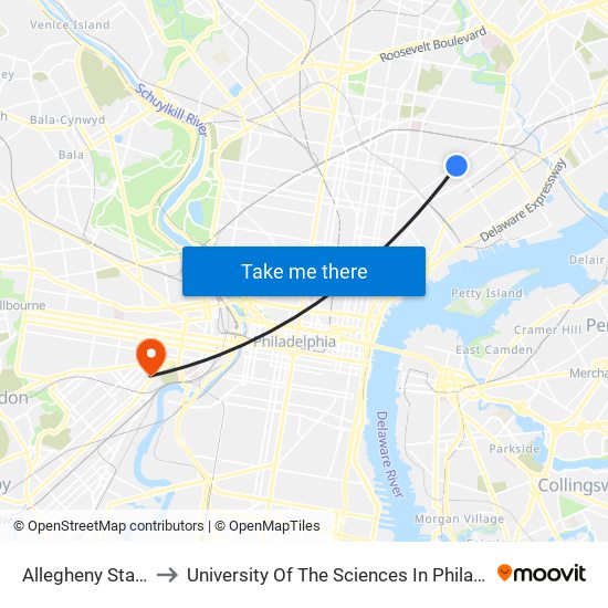 Allegheny Station to University Of The Sciences In Philadelphia map