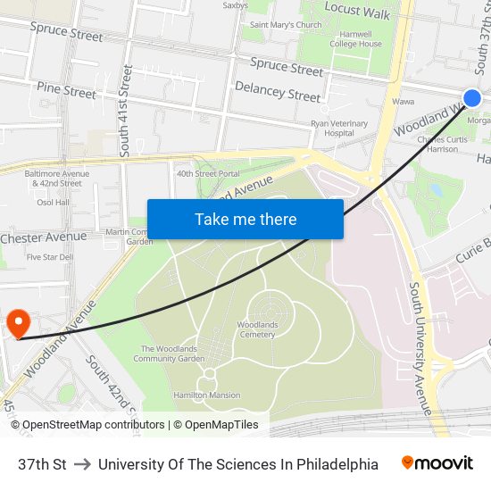 37th St to University Of The Sciences In Philadelphia map