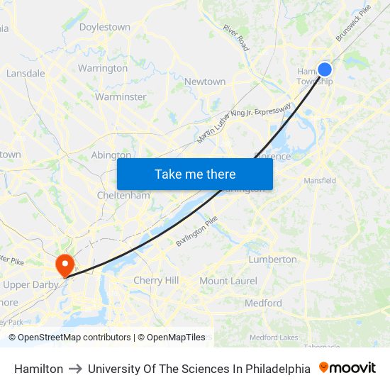 Hamilton to University Of The Sciences In Philadelphia map