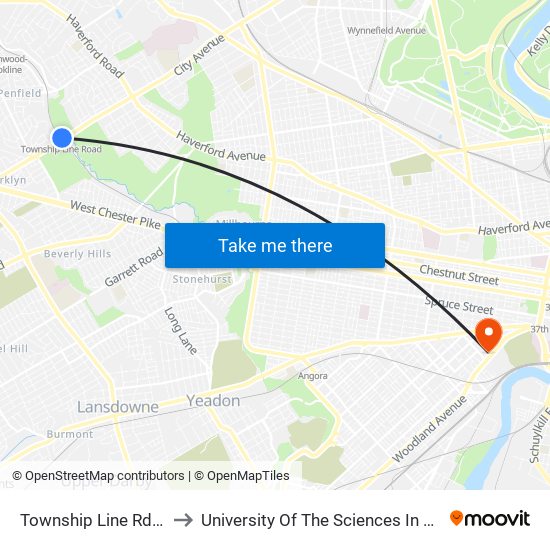 Township Line Rd Station to University Of The Sciences In Philadelphia map