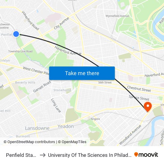 Penfield Station to University Of The Sciences In Philadelphia map