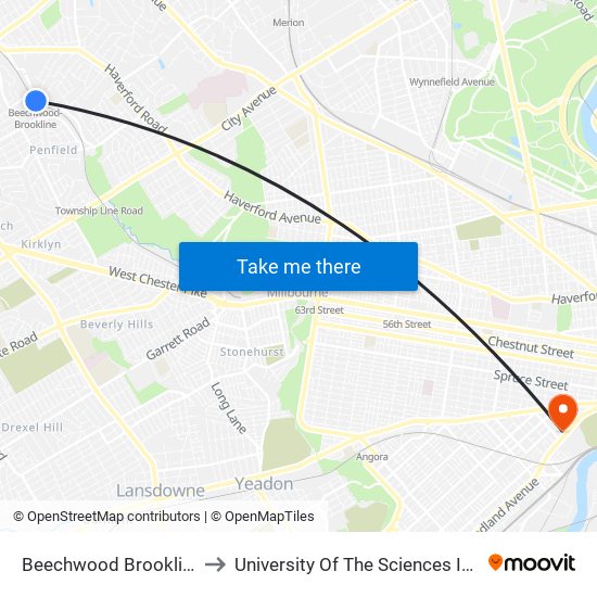 Beechwood Brookline Station to University Of The Sciences In Philadelphia map