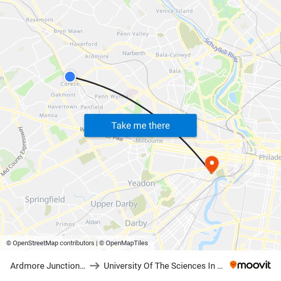 Ardmore Junction Station to University Of The Sciences In Philadelphia map