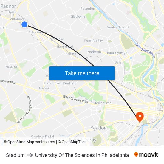 Stadium to University Of The Sciences In Philadelphia map