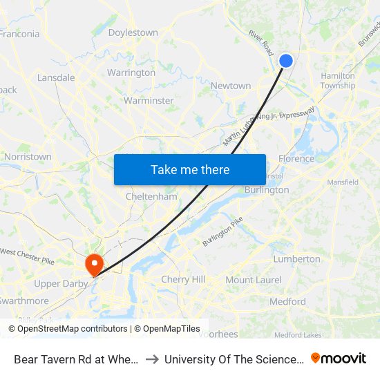 Bear Tavern Rd at Wheldon Shivers Dr to University Of The Sciences In Philadelphia map