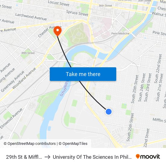 29th St & Mifflin St to University Of The Sciences In Philadelphia map